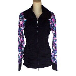 bebe Sport Black Pop Floral Long Sleeve Full Zip Long Jacket Size Small